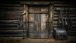 A rustic scene unfolds at this countryside barn's stable door, adorned with equestrian gear such as ropes and bridles, and an antique trunk.