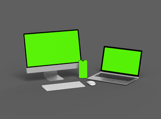Render of desktop, laptop and smartphone with greenscreen on a dark background