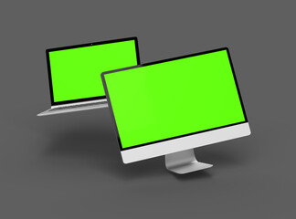 3d render of desktop and laptop with green screen on a dark background