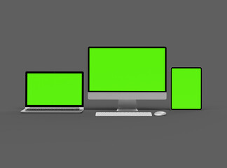 3d render of desktop, laptop and tablet with green screen on a dark background