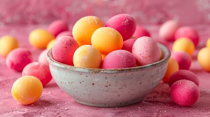 Wall Mural -   A white bowl brimming with numerous pink and yellow candies sits atop a pink-cloth-covered table