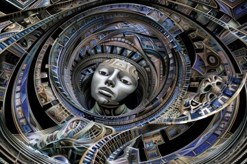 Aufkleber - Mechanical Mind: An Intricate Abstract Art of a Human Face Interwoven with Complex Machinery and Gears, Generative AI