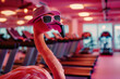 Portrait of a young fit athlete in sunglasses, training at gym with pink flamingo in background for outdoor workout and plant-based diet self-care.