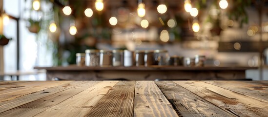 Poster - Background of a wooden table, Shelf in a cafe, Wooden surface in front of a blurred cafe with bokeh lights, Surface for showcasing products, Vacant wooden counter in a blurry white room for mockups,