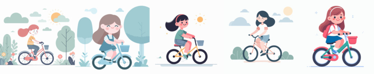 Poster - vector collection of happy little girl with bicycle