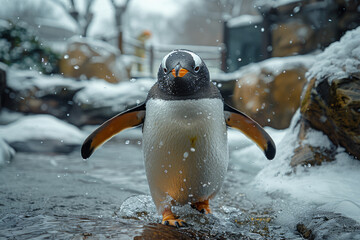 Poster - A penguin waddling across an icy landscape in a zoo enclosure, delighting visitors with its comical movements. Concept of penguin exhibit in zoological parks. Generative Ai.