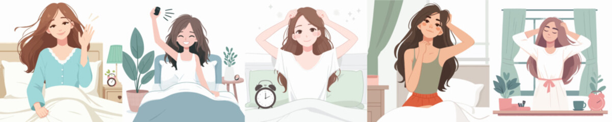 Canvas Print - vector collection of happy young women waking up