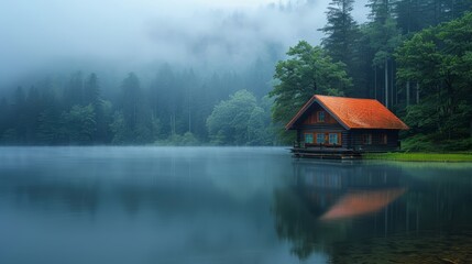 Poster -   A cabin, small and quaint, rests at the forest's edge by a fog-veiled lake