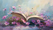 Open book with pink spring flowers as wallpaper background illustration, Open Book with Blooming Flowers