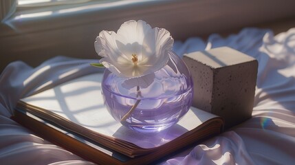 Poster -   A white flower in a glass vase atop a book on a bed Sunlight streams in through the window, illuminating the scene