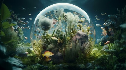 Wall Mural - 3d rendering of planet earth surrounded by tropical fishes and algae.