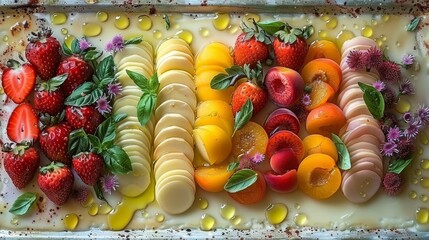 Sticker -  strawberries, peaches, oranges, raspberries, and lemons are arranged