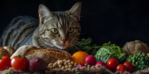 Wall Mural - Portrait of a cat with fruits and vegetables around him. Healthy food concept. Generative AI.