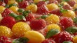 © Anna - A tight shot of a mounded fruits collection - apples, lemons, and strawberries - adorned with beading water droplets