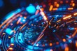 © vachom - Close-up of a clock with blue and orange lights. Abstract background.