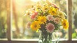 A stunning arrangement of yellow and pink asters and gerberas is beautifully showcased in a glass vase set against a backdrop of sunlit rays streaming through a window Close up shots captur