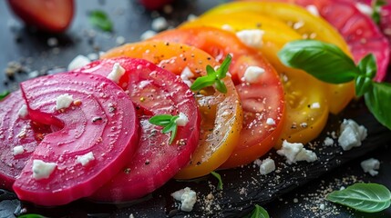 Sticker -   Close-up of sliced tomatoes on a cutting board, topped with basil and feta cheese