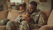 A soldier in uniform, kneeling in his living room, holding his young child close, both beaming with joy and relief at their heartfelt reunion.