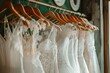 Collection of wedding dresses in the shop. AI generated illustration