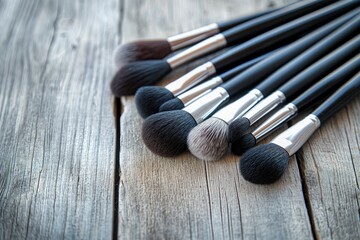 set of brushes for makeup scattered chaotically on wood, set of makeup brushed closeup, makeup, ladi