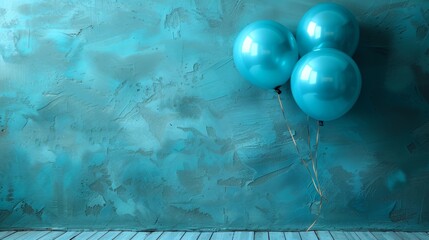 Wall Mural -   A collection of blue balloons atop a weathered wood floor, facing a wall with peeling paint