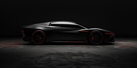 Wall Mural - Black Supercar with Red Accents on Dark Background, Automotive Photography Showcase, Sleek Black Supercar Elegance with Red Highlights