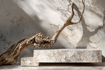 Marble stone podium for product display, featuring driftwood. Elegant minimalistic background