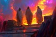Enigmatic Figures Stand Before a Fiery Sky at Sunset, Awaiting an Epic Saga, Generative AI