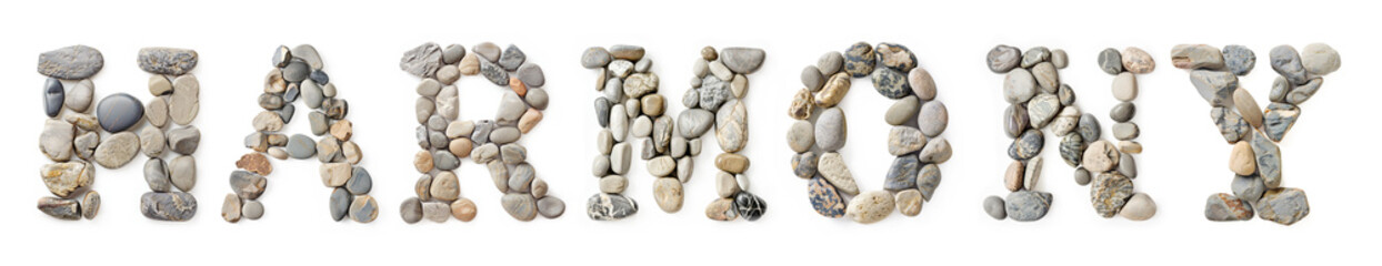 Wall Mural - Harmony Text Made of Stones Isolated on White Background