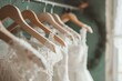Collection of wedding dresses in the shop. AI generated illustration