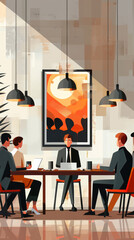 Wall Mural - Business, people and cartoon in office, table and teamwork for project, deal and working on sales. Workshop, staff and employees in workplace, speaking and brainstorming, boardroom and group in job