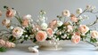   A vase filled with numerous pink and white blooms, accompanied by a few baby's breath lilies
