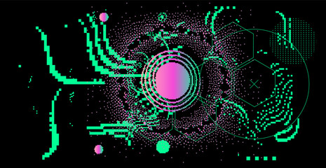 Poster - Abstact grunge sci-fi background with geometic pixelated figures and patterns.
