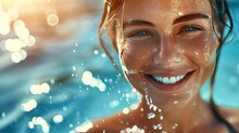 Dewy-skinned Woman Basks In The Joy Of Summer, Her Beautiful Face Radiating With Wellness By The Pool