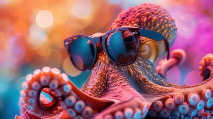 Funny octopus wearing sunglasses in studio with a colorful and bright background