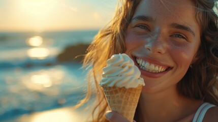 Poster - A woman smiling while holding an ice cream cone in front of the ocean. AI.