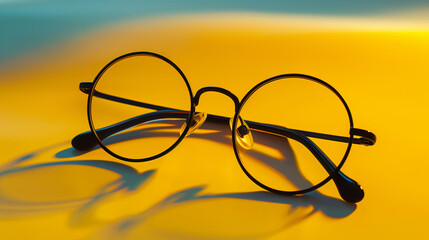 artistic shadow of round glasses on yellow.