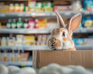 Sticker - A rabbit peeks out of a cardboard box in the pharmacy store. Generative AI.