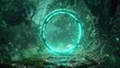 Magic portal door in fantasy forest game world  background. Green neon gate light in futuristic enchanted mirror