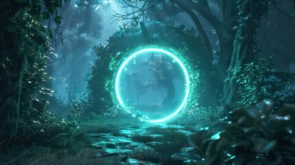 Magic portal door in fantasy forest game world  background. Green neon gate light in futuristic enchanted mirror