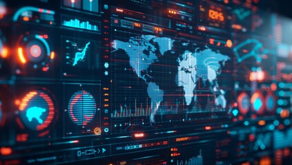 A digital screen displaying various data and graphs, with a world map in the background The foreground is filled with futuristic charts and graphics representing global business Generative AI