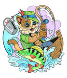 Fototapeta Dinusie - cute cat fisherman, funny illustration