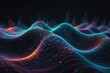 Abstract wave rippling across an inky expanse, network design intertwining with particles symbolizing big data, bright shine piercing through the darkness, 3D rendered, octane rendering, vivid colors
