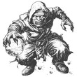 orc mage with magical orb full body images using Old engraving style