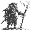 orc mage with magical staff full body images using Old engraving style
