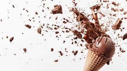 Chocolate ice cream broken into pieces in the air on a white background