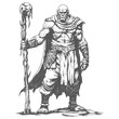 orc mage with magical staff full body images using Old engraving style