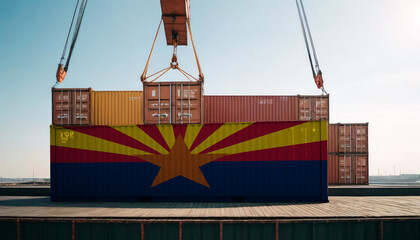 A harbor crane lifts a maritime container adorned with the Arizona flag, embodying global trade and logistics