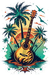 Wall Mural - A classic guitar with a sunsetting beach scene inside it emerges from splashing water