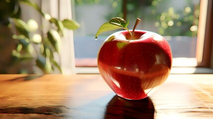 Wall Mural - Red apple on a wooden table in the morning light. Shallow depth of field.